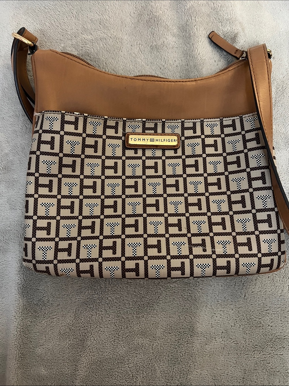 Tommy Hilfiger Tan and Cream Logo-Print Crossbody